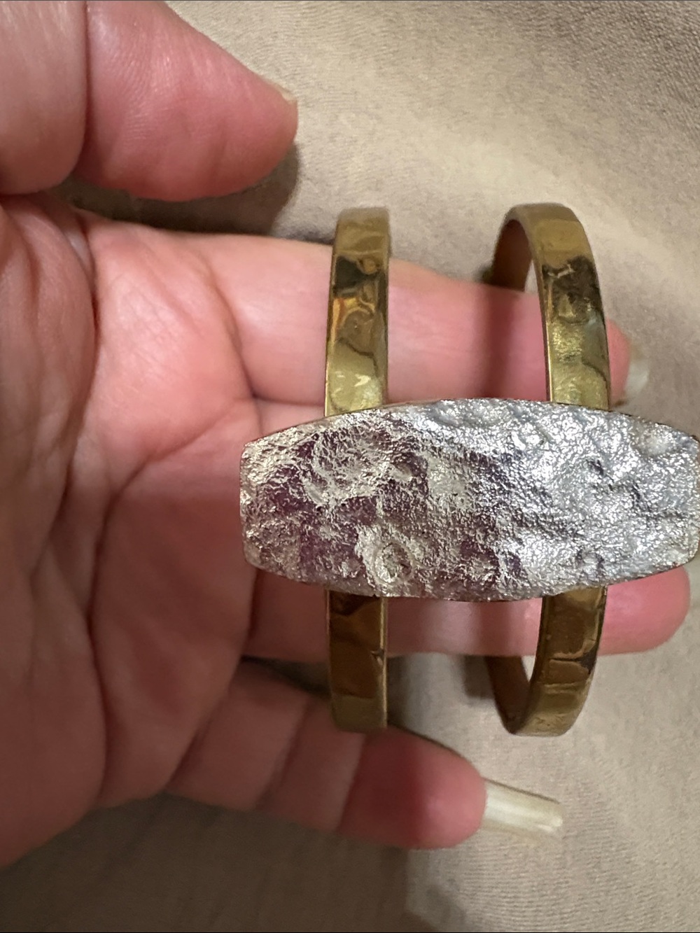 Rustic Cuff Gold-Tone Double Band Bracelet with Silver Druzy - Picture 6 of 7